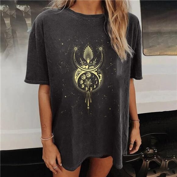 Boho Moon & Stars Graphic Printed Oversized T Shirt Vintage Short Sleeve Tee Top - Picture 6 of 7